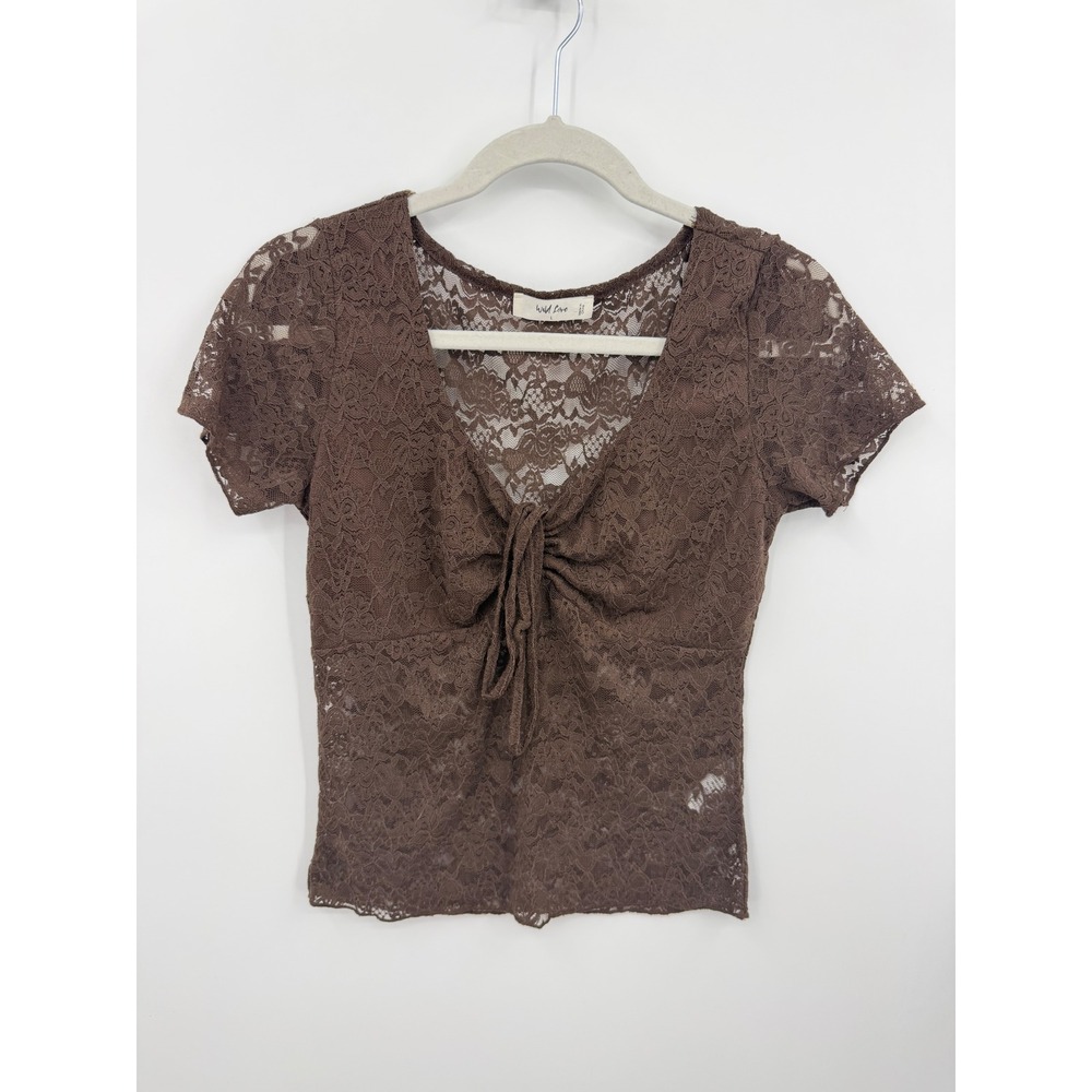Wild Love FK12356 Lace Top Women‎ Large Brown Tie Front V-Neck Short Sleeve